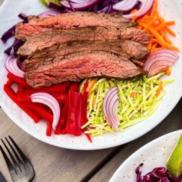 Southwest Steak Salad round white bowls