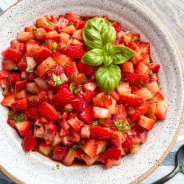 Balsamic Strawberries with Basil in round bowl