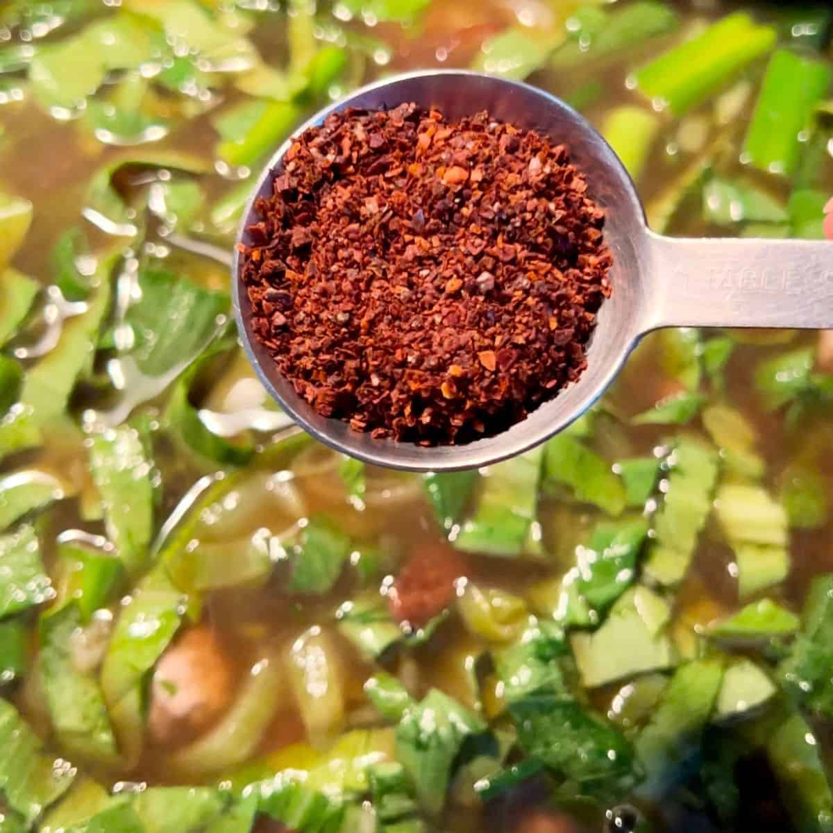 Broth for the glass noodle ramen is in a large pot with baby bok choy, mushrooms adn scallions along with the pork meatballs, getting ready to be sprinkled with the Korean chili flakes for extra flavor.