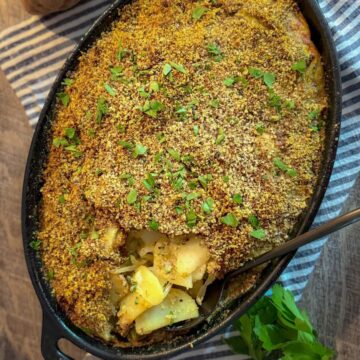 Potato and Onion Casserole in Black oval casserole