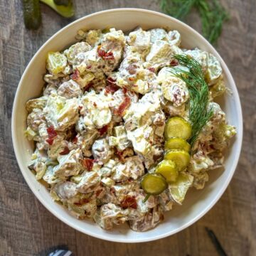 Dill Pickle Potato Salad in round white bowl